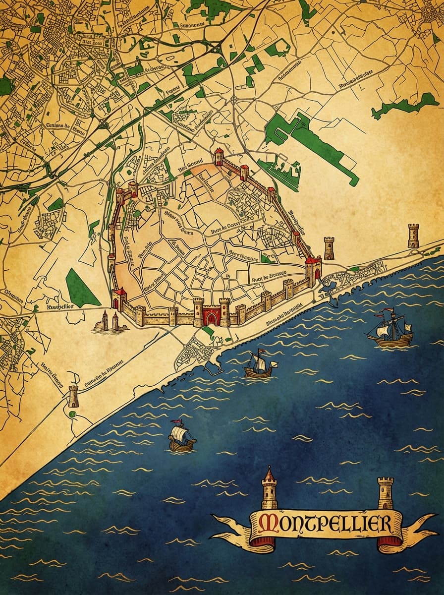 Carte de Montpellier en style médiéval illustré