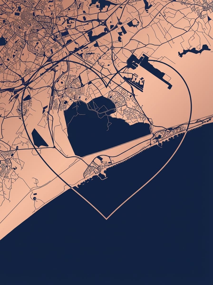 Mapa romántico minimalista de Montpellier en azul marino y oro rosa