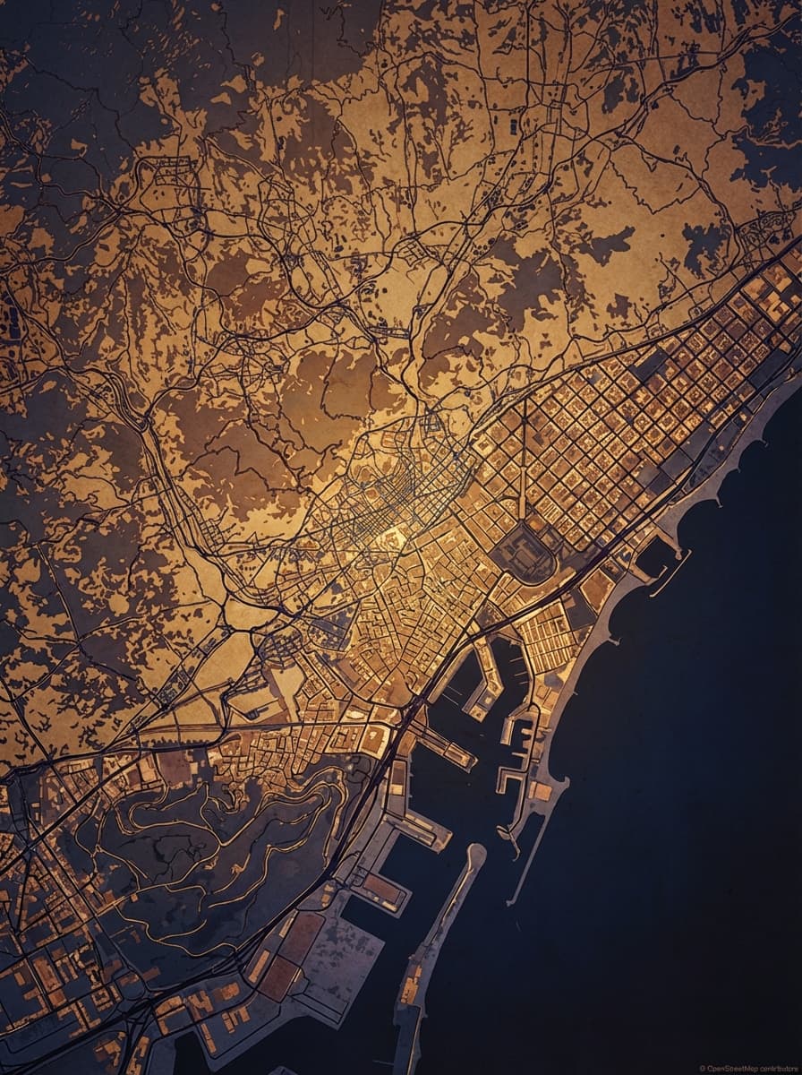 Affiche artistique d'une carte du quartier Gothique de Barcelone