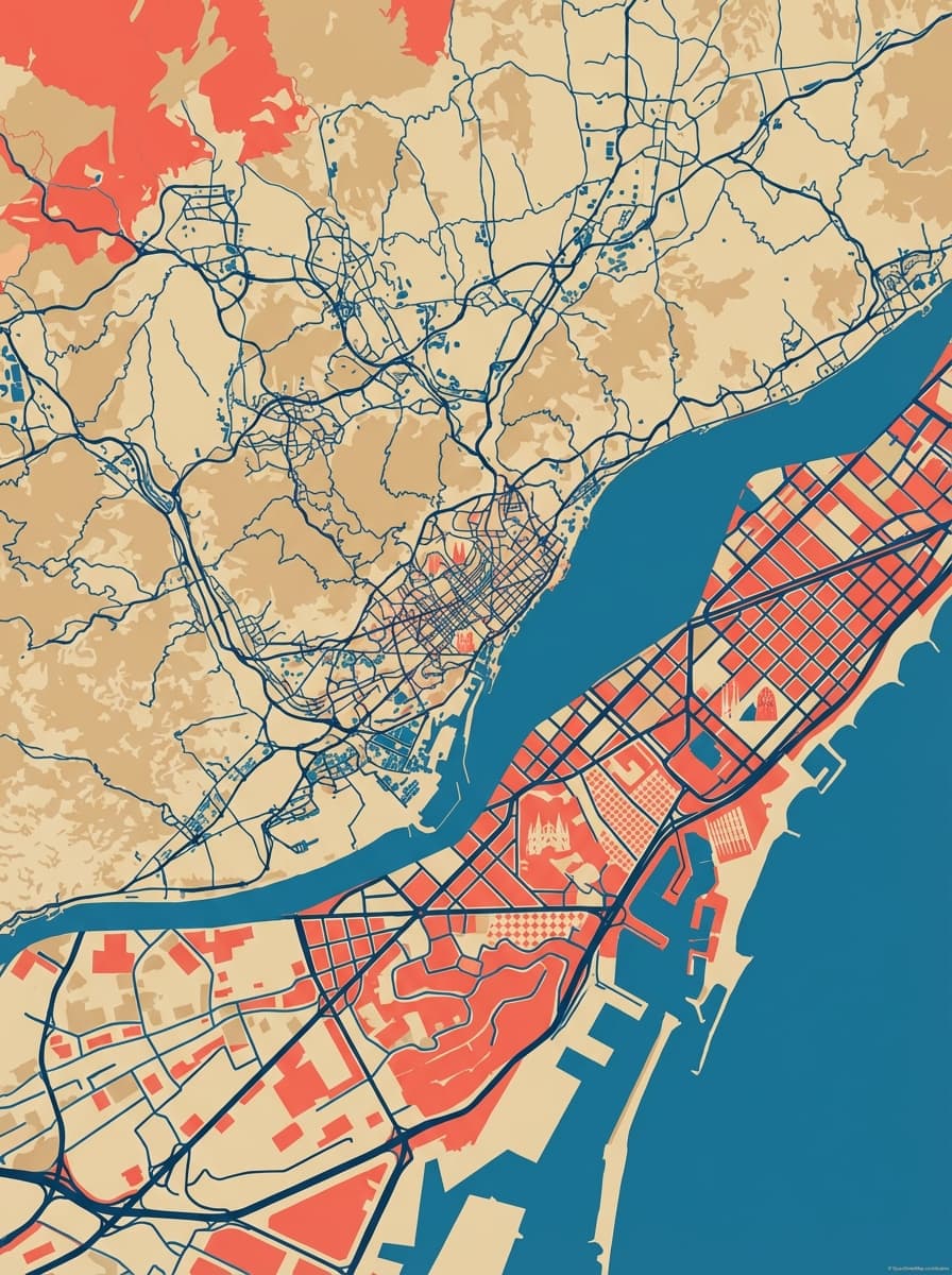 Detalle de un póster de mapa de Barcelona con líneas finas y nombres de calles.