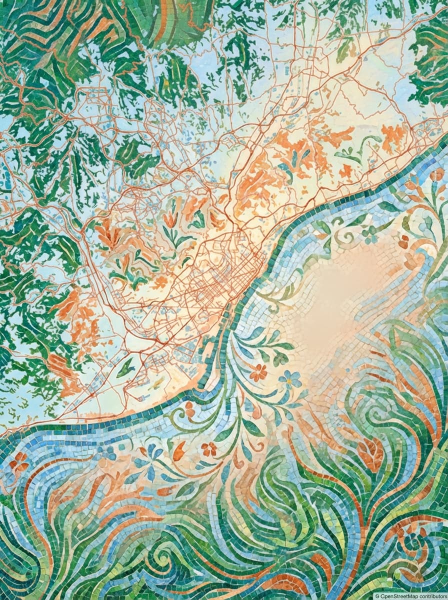 Pareja admirando un póster de mapa de Barcelona colgado en un salón moderno.