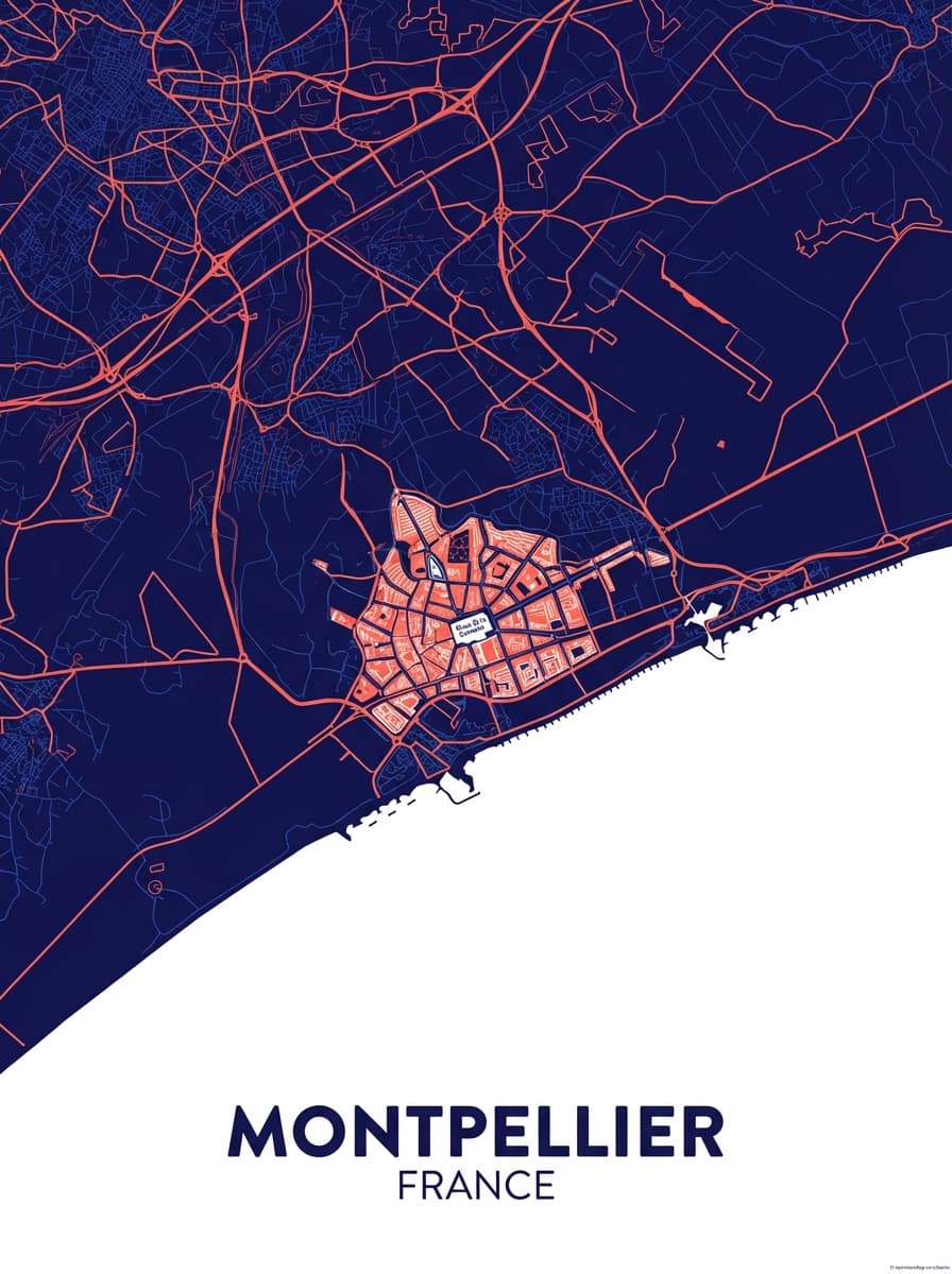 Close-up of a Montpellier map poster showcasing street details.